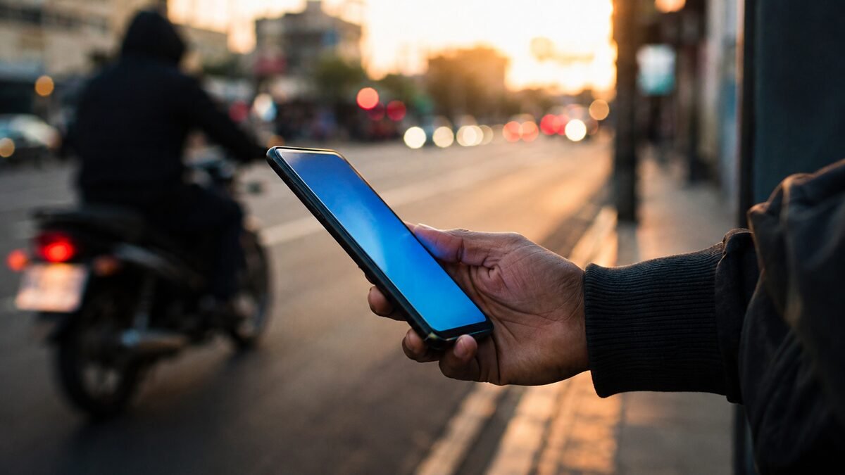 Pessoa segurando o celular na calçada ao entardecer, com uma moto passando ao fundo