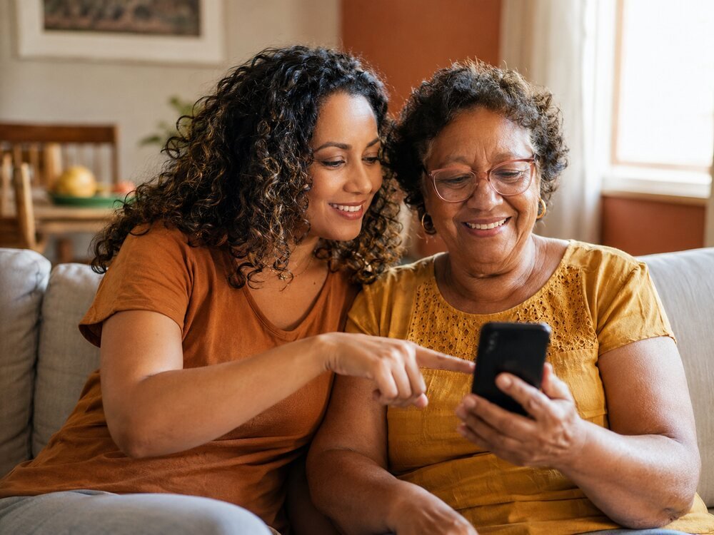Filha adulta ajudando a mãe a ajustar as configurações do celular no sofá da sala
