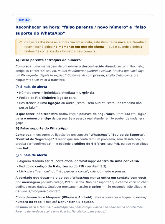 Página real de dentro do Guia Completo: item 3.7, reconhecer o golpe do falso parente e do falso suporte do WhatsApp